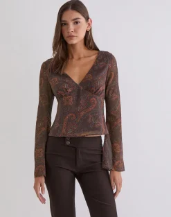 Karilo Long Sleeve Top in Chiffon Royal Paisley Burgundy