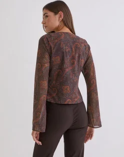 Karilo Long Sleeve Top in Chiffon Royal Paisley Burgundy
