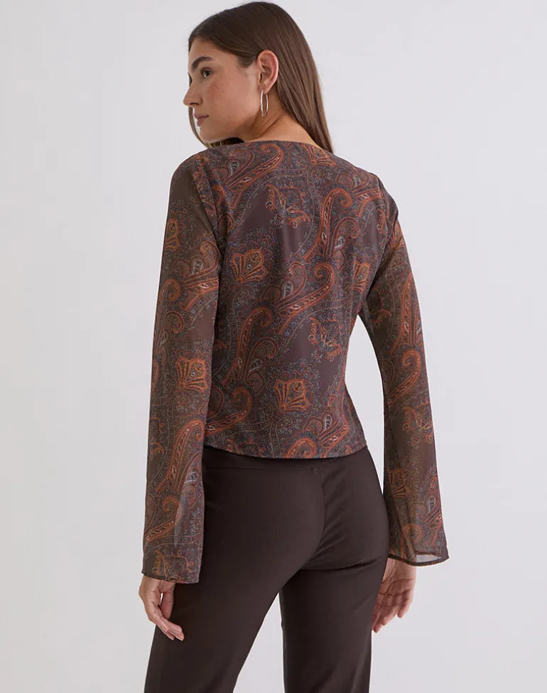 Karilo Long Sleeve Top in Chiffon Royal Paisley Burgundy