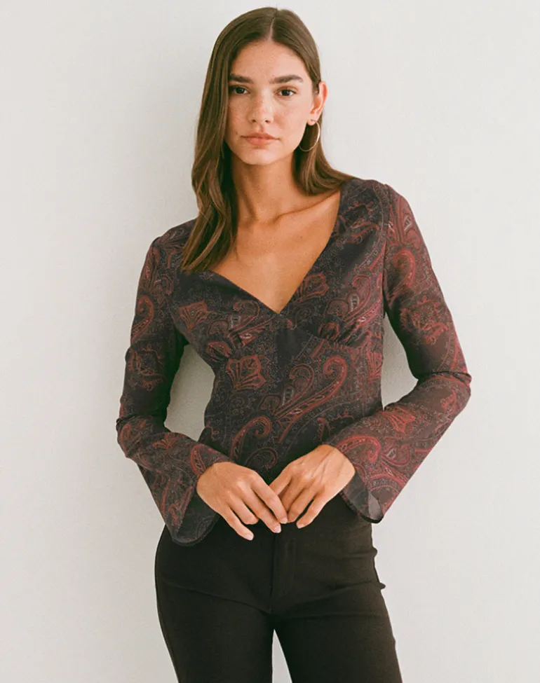 Karilo Long Sleeve Top in Chiffon Royal Paisley Burgundy