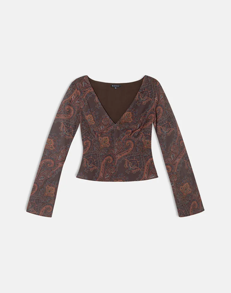 Karilo Long Sleeve Top in Chiffon Royal Paisley Burgundy