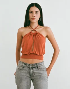 Karise Plunge Top in Cupro Burnt Orange