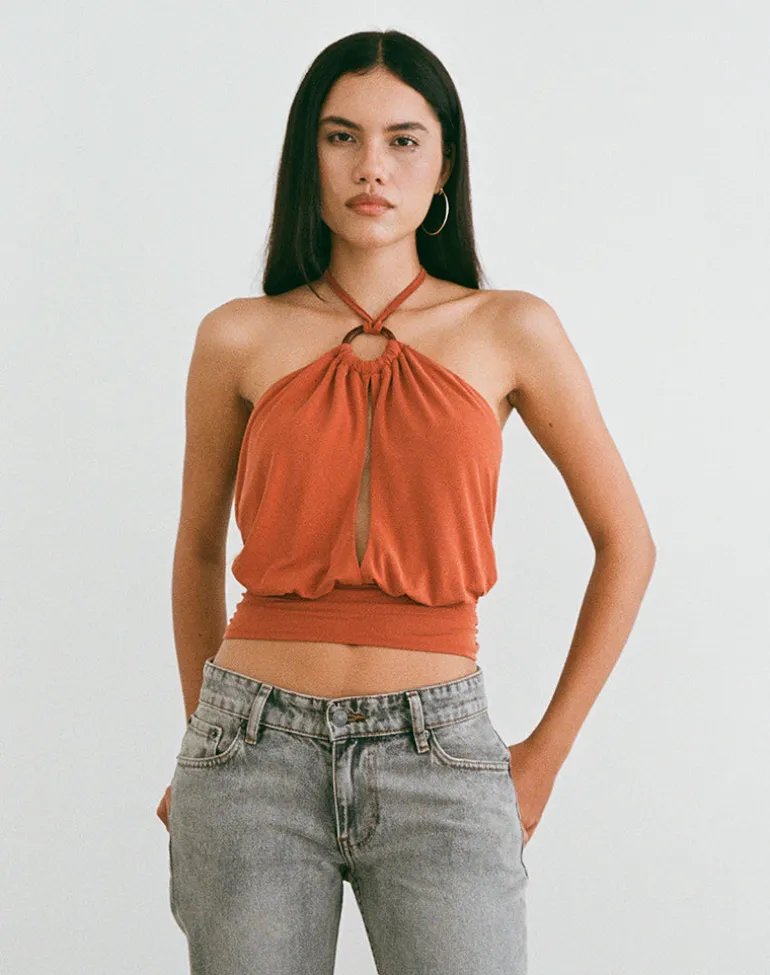 Karise Plunge Top in Cupro Burnt Orange