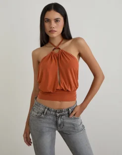 Karise Plunge Top in Cupro Burnt Orange