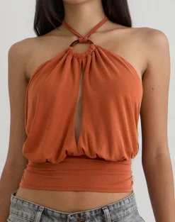 Karise Plunge Top in Cupro Burnt Orange