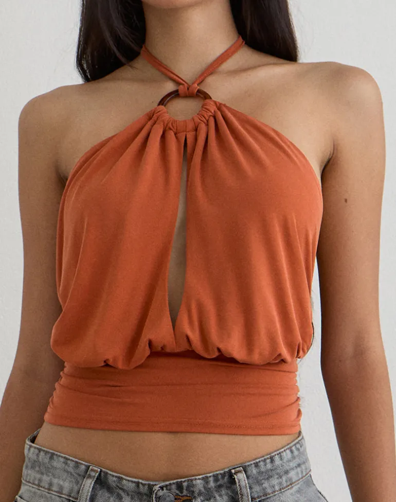 Karise Plunge Top in Cupro Burnt Orange