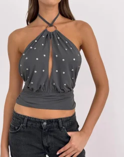 Karise Plunge Top in Cupro Charcoal Grey