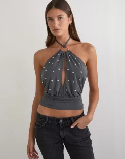 Karise Plunge Top in Cupro Charcoal Grey