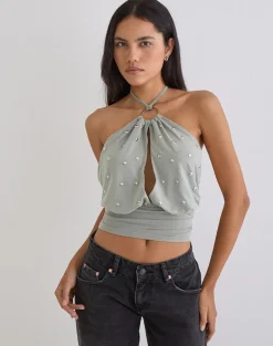 Karise Plunge Top in Cupro Light Grey