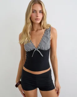 Kary Plunge Top in Mini Gingham Grey and Black Combination