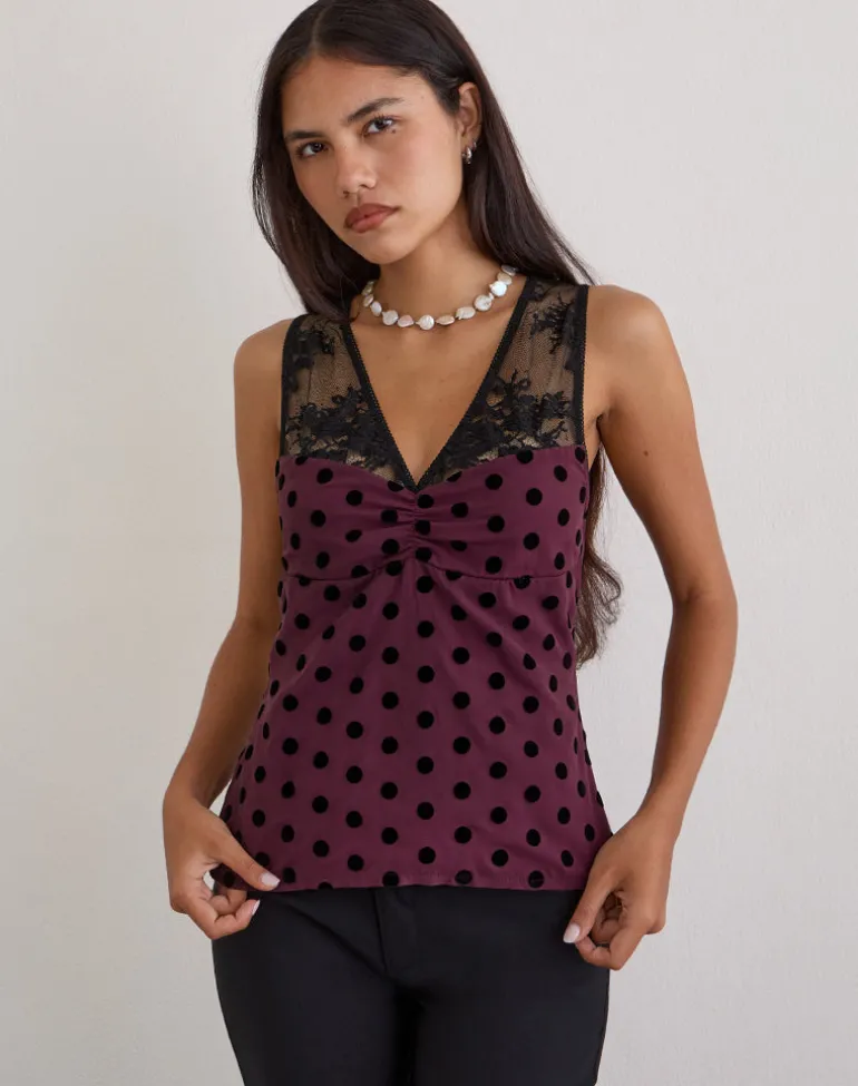 Kasia V-Neck Top in Vintage Polka Maroon