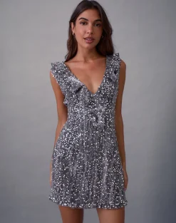 Kasuya Mini Dress in Chiffon Sequin Grey