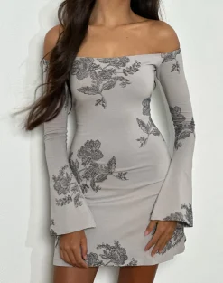 Kausar Off Shoulder Mini Dress in Lace Flower Grey