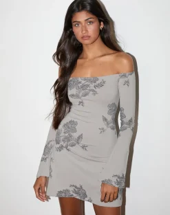 Kausar Off Shoulder Mini Dress in Lace Flower Grey