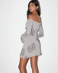 Kausar Off Shoulder Mini Dress in Lace Flower Grey