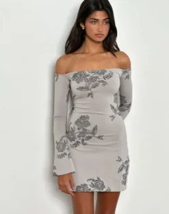 Kausar Off Shoulder Mini Dress in Lace Flower Grey