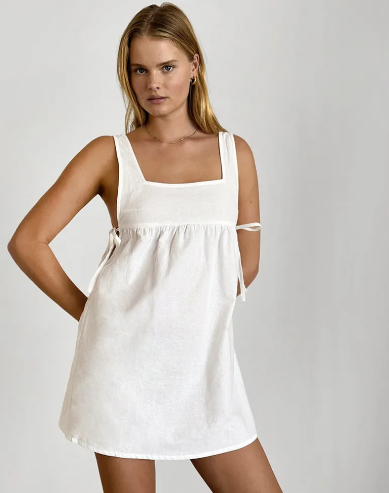 Kawase Tie Side Mini Dress in Linen White