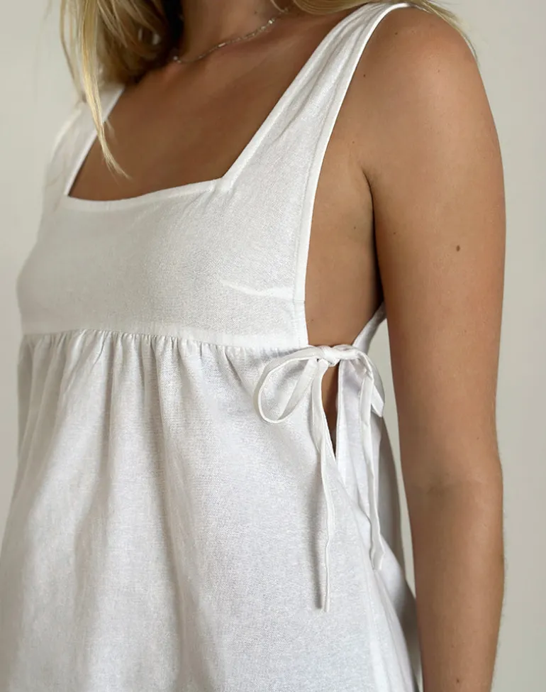 Kawase Tie Side Mini Dress in Linen White