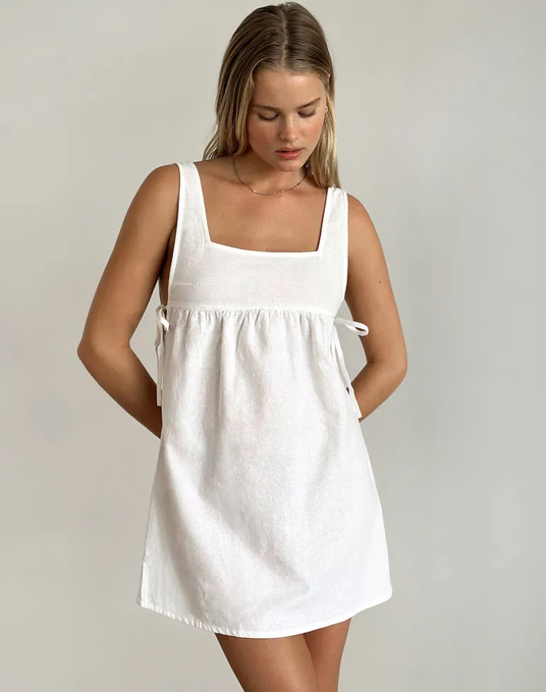 Kawase Tie Side Mini Dress in Linen White