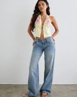 Kayria Tie Top in Lemon with Floral Pink Embroidery