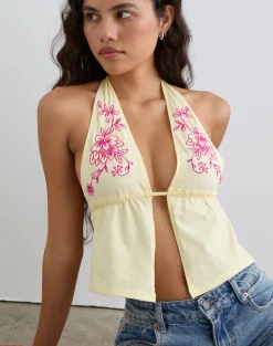 Kayria Tie Top in Lemon with Floral Pink Embroidery