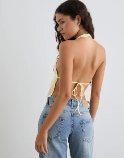 Kayria Tie Top in Lemon with Floral Pink Embroidery