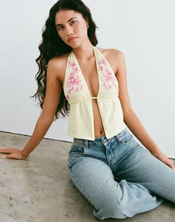 Kayria Tie Top in Lemon with Floral Pink Embroidery
