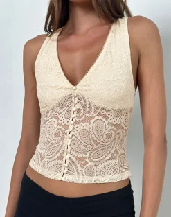 Kefira Plunge Neck Top in Lace Cream