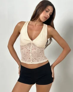 Kefira Plunge Neck Top in Lace Cream