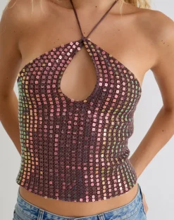 Kelabu Halterneck Top in Sequin Knit Dark Brown
