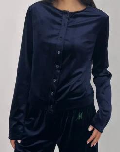 Kellen Button Up Cardigan in Velour Navy
