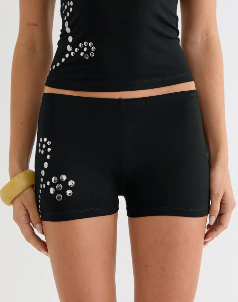 Keuni Short in Jersey Black with Floral Studs