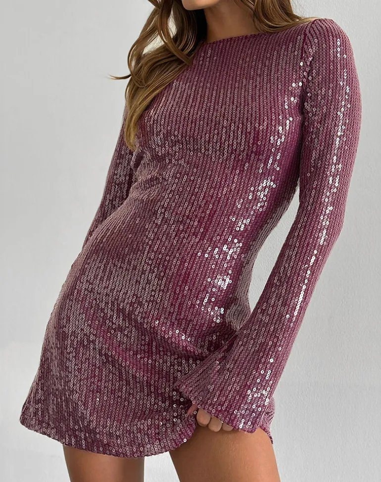 Kimberly Mini Dress in Clear Sequin Maroon