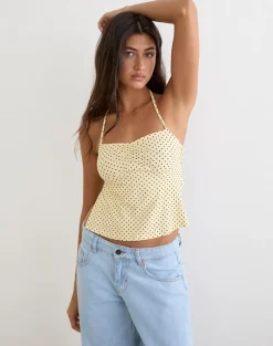 Kindos Halter Top in Butter Yellow with Micro Polka Dots