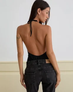 Kitty Deep Plunge Bodysuit in Black