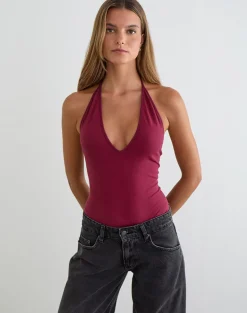 Kitty Deep Plunge Bodysuit in Burgundy
