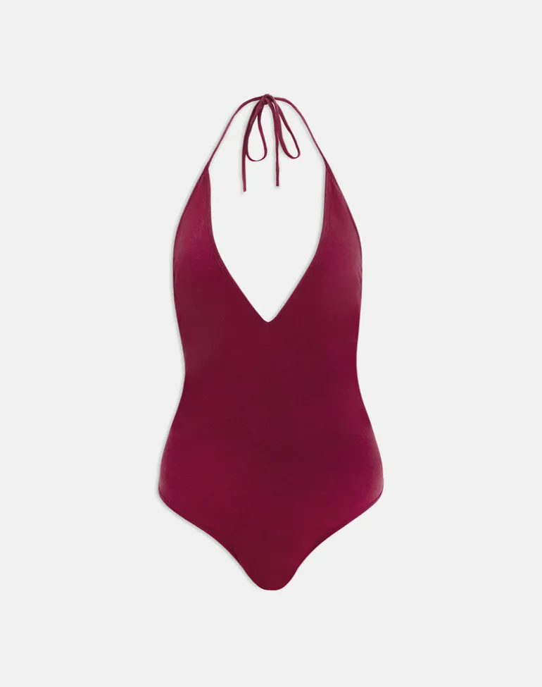 Kitty Deep Plunge Bodysuit in Burgundy