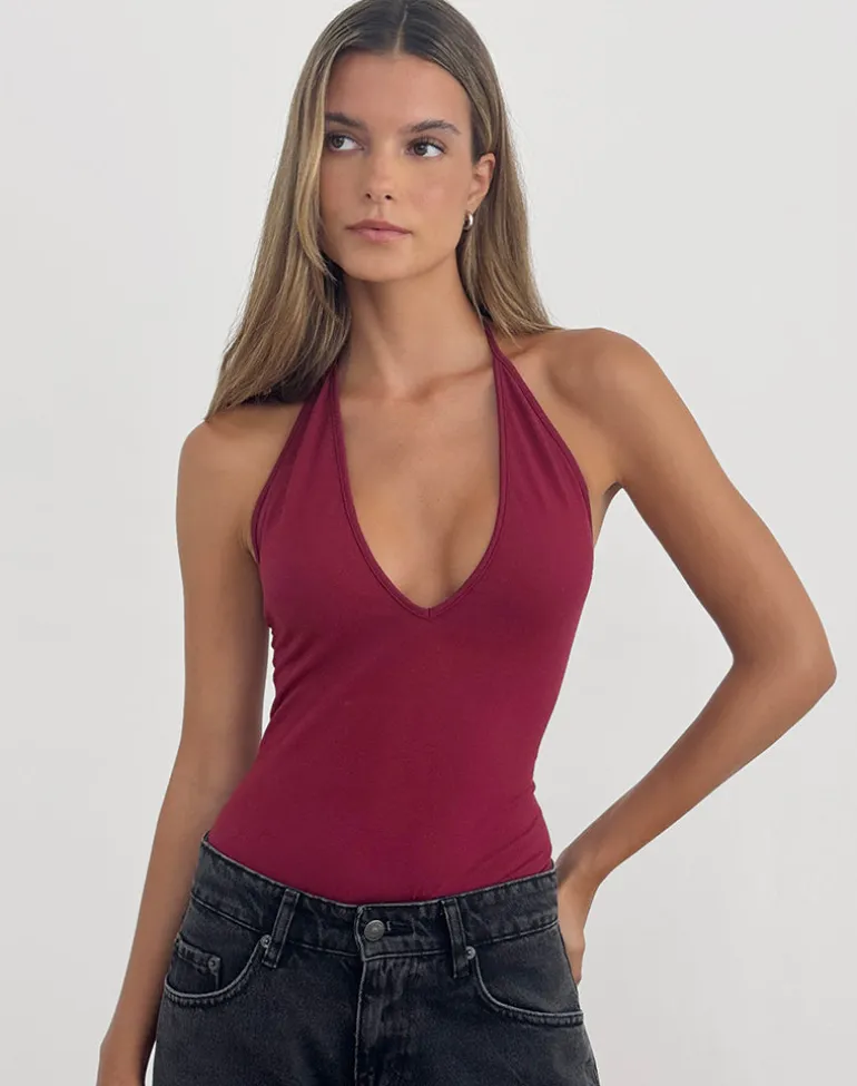 Kitty Deep Plunge Bodysuit in Burgundy
