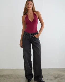 Kitty Deep Plunge Bodysuit in Burgundy