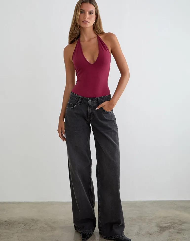 Kitty Deep Plunge Bodysuit in Burgundy
