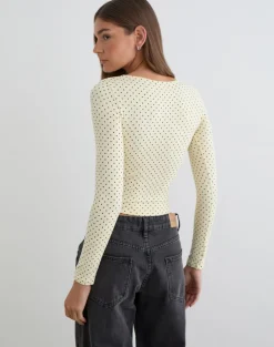 Kline Long Sleeve Tie Front Top in Rayon Jersey Micro Polka Cream