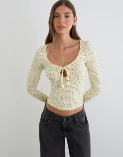 Kline Long Sleeve Tie Front Top in Rayon Jersey Micro Polka Cream