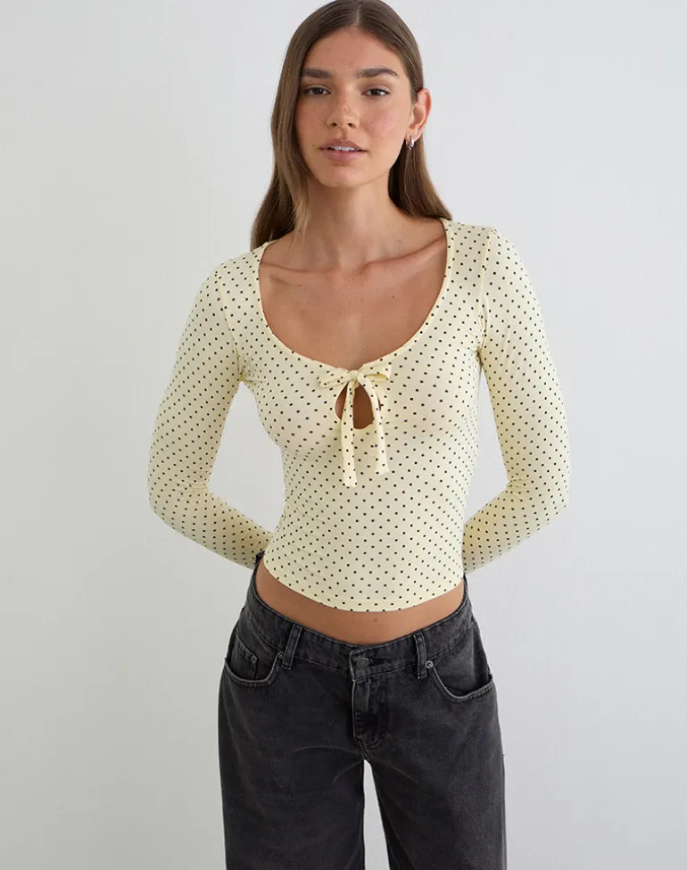 Kline Long Sleeve Tie Front Top in Rayon Jersey Micro Polka Cream