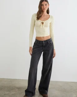 Kline Long Sleeve Tie Front Top in Rayon Jersey Micro Polka Cream
