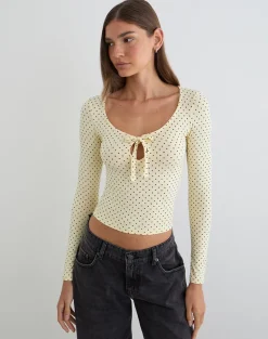 Kline Long Sleeve Tie Front Top in Rayon Jersey Micro Polka Cream