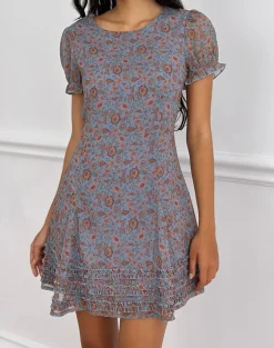Koharu Mini Dress in Shadow Blossom Blue Chiffon