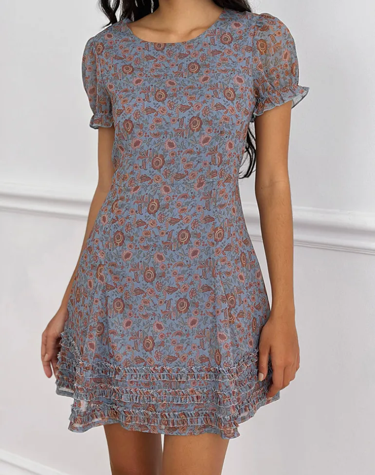 Koharu Mini Dress in Shadow Blossom Blue Chiffon