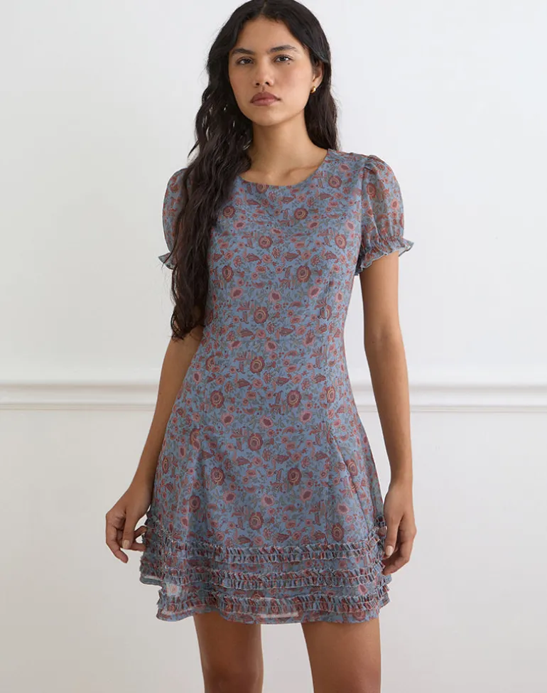 Koharu Mini Dress in Shadow Blossom Blue Chiffon