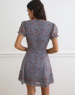 Koharu Mini Dress in Shadow Blossom Blue Chiffon