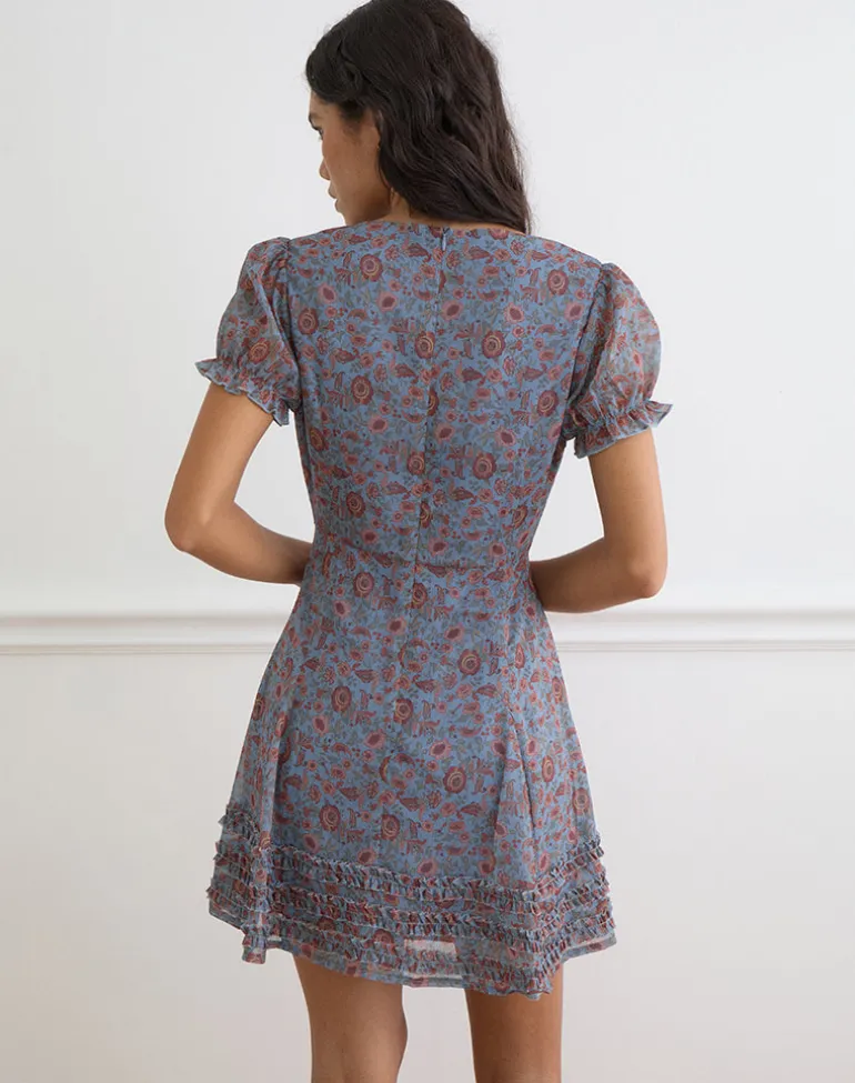 Koharu Mini Dress in Shadow Blossom Blue Chiffon
